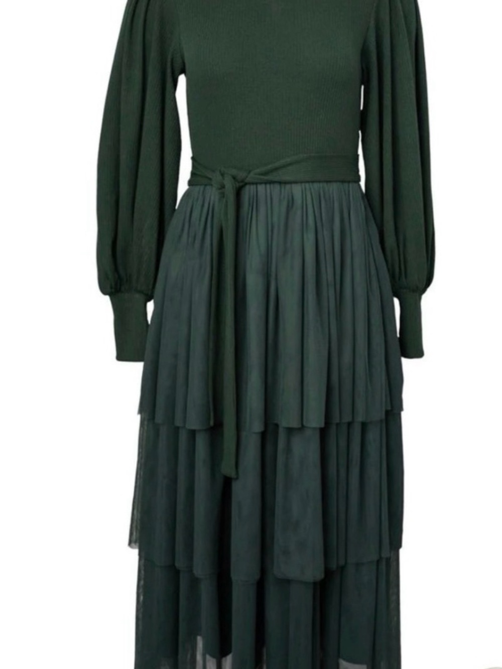 Ivy City Co Dark Green Tiered Maxi Dress with Puff Sleeves - Picture 4 of 10